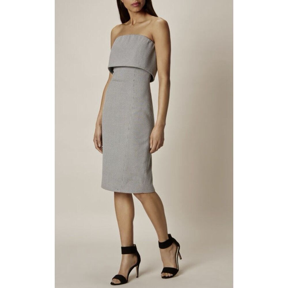 Karen Millen Mini Dot Pencil Dress Strapless Foldover Overlay Natural Sz 8 NWOT